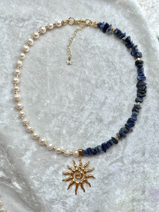 “Eternal Duality” Freshwater Pearls & Sodalite Necklace