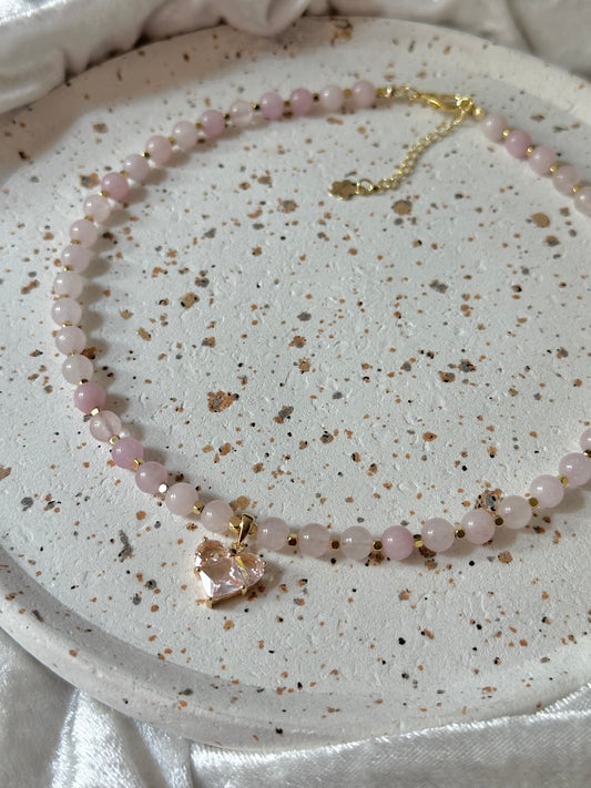 “Blush Aura” Rose Quartz Necklace with an 18K Gold Plated Zircon Heart Pendant