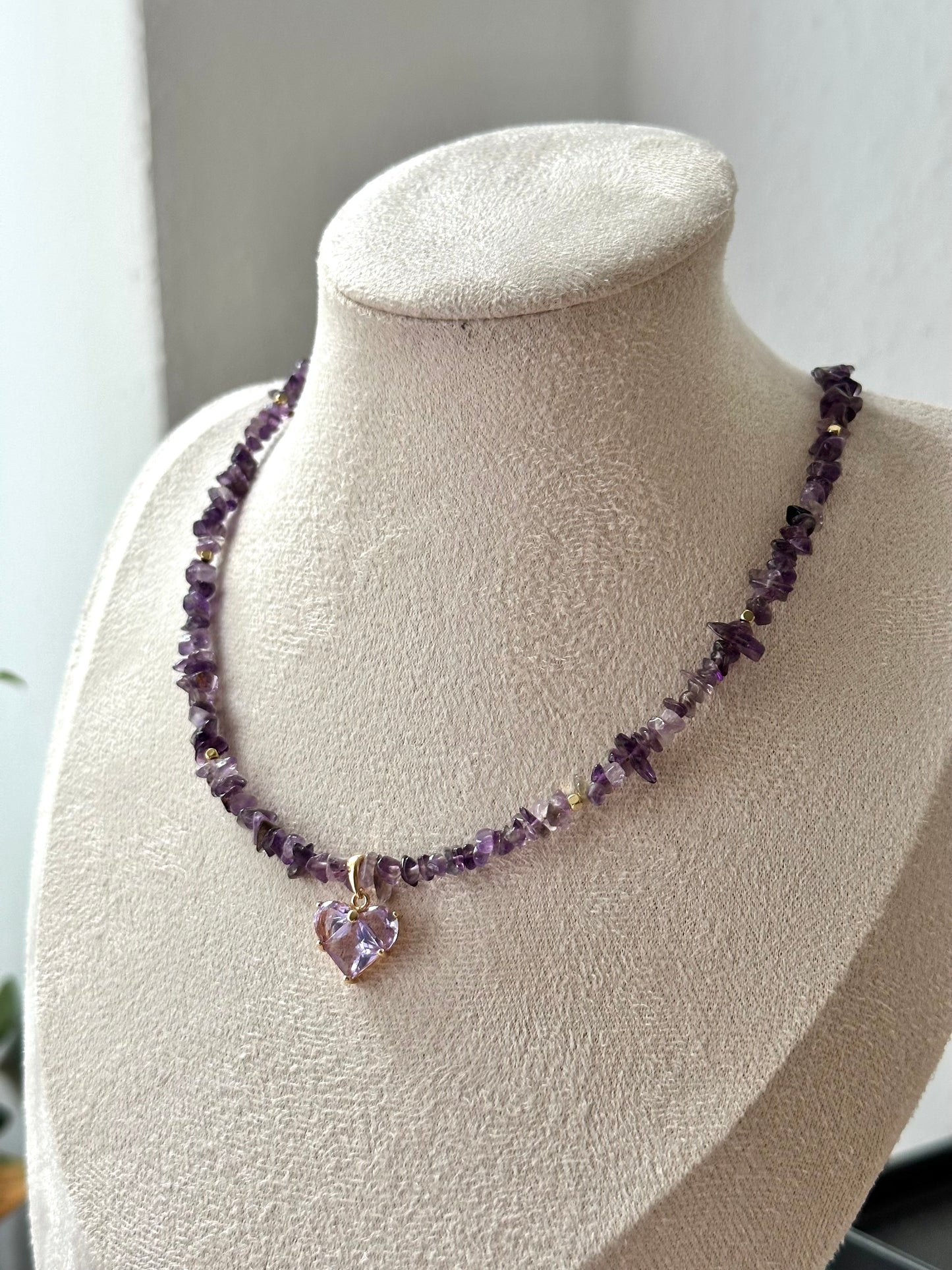 “Amethyst Heart” Necklace with an 18K Gold Plated Zircon Pendant