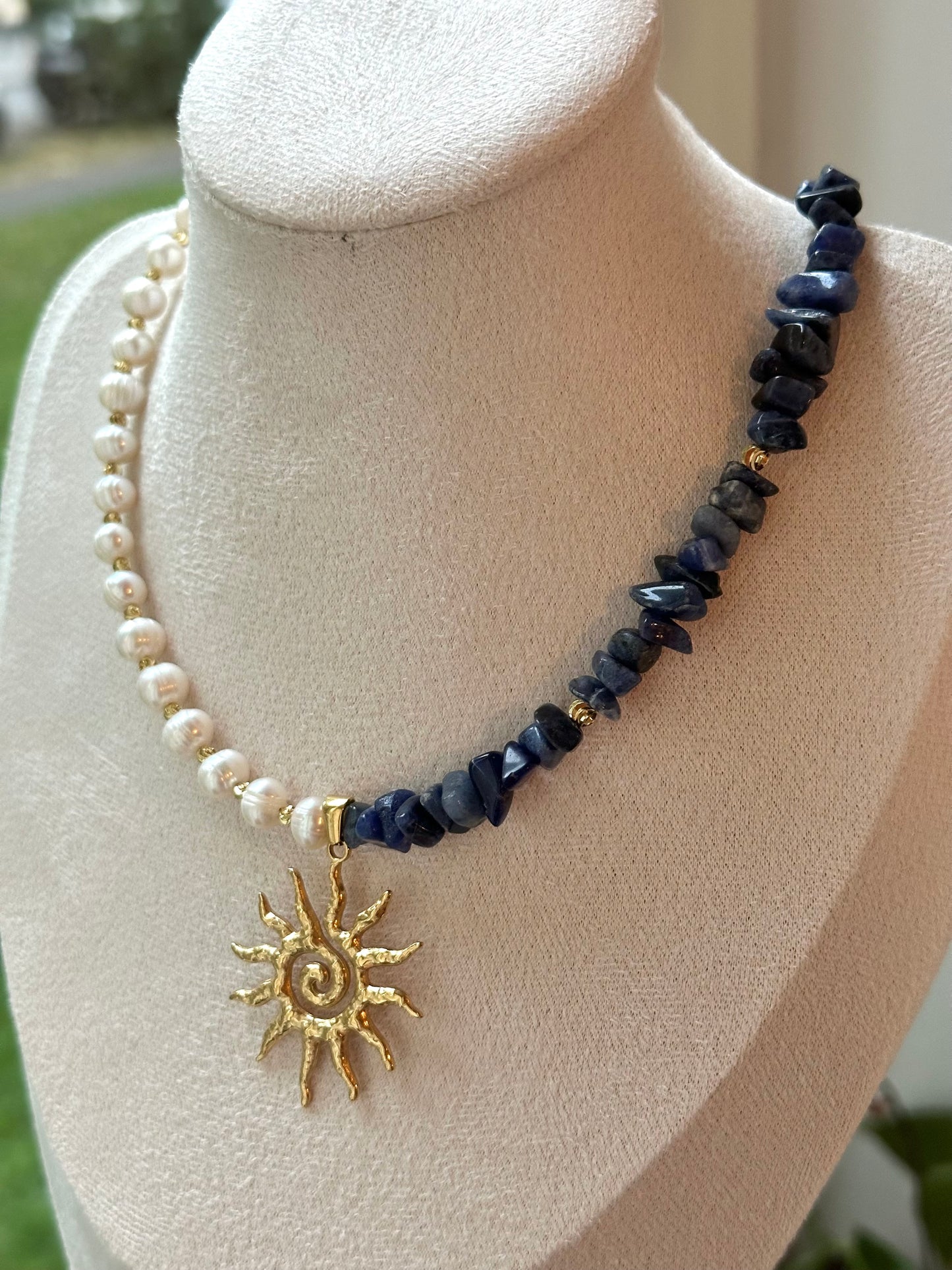 “Eternal Duality” Freshwater Pearls & Sodalite Necklace
