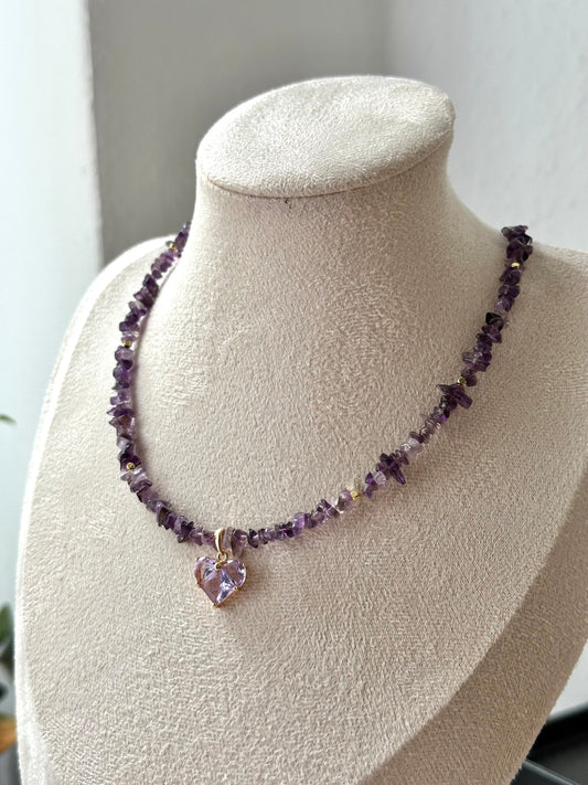 “Amethyst Heart” Necklace with an 18K Gold Plated Zircon Pendant