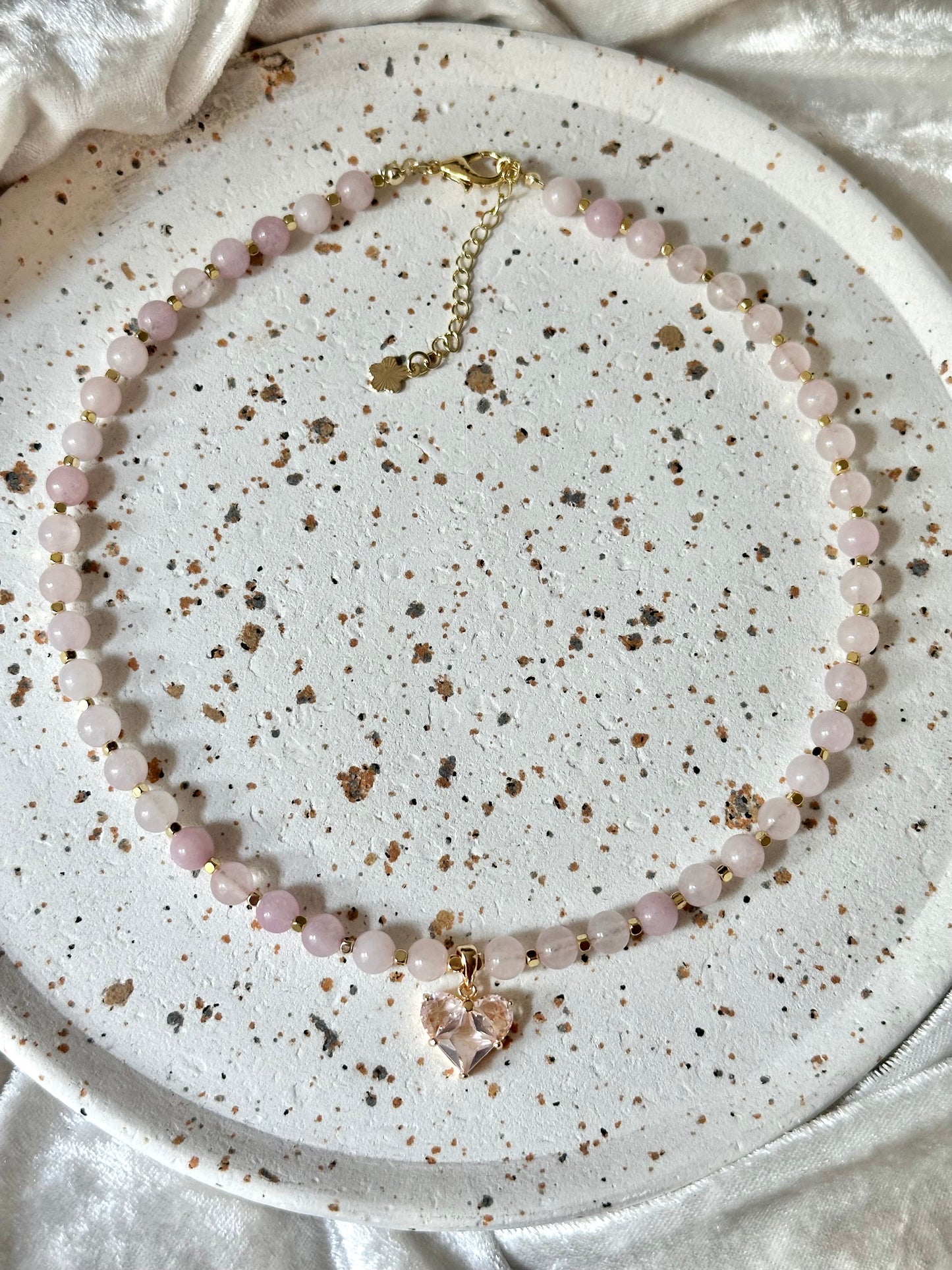 “Blush Aura” Rose Quartz Necklace with an 18K Gold Plated Zircon Heart Pendant