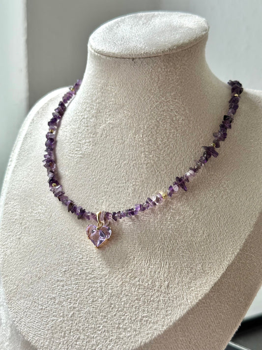 “Amethyst Heart” Necklace with an 18K Gold Plated Zircon Pendant